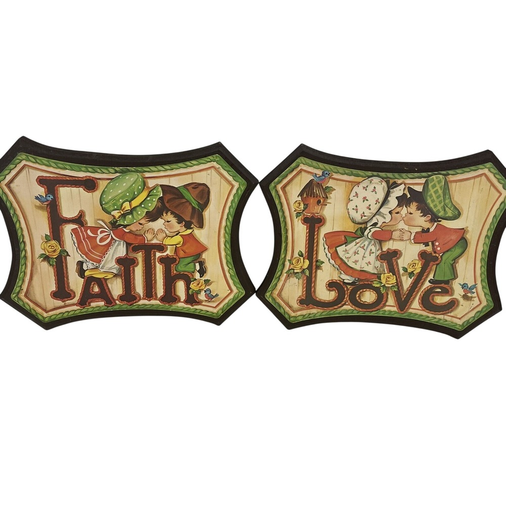 Vintage Faith and Love Wall Plaques Set of 2 Boy and Girl Country Decor